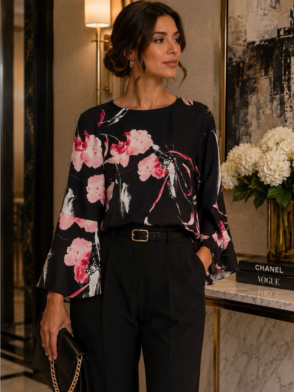 Chico's Black Blouse with Pink Floral Print